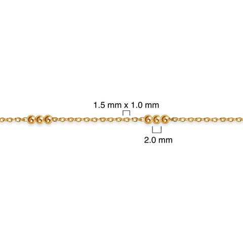 Gold-filled chain with measurement details on a white background