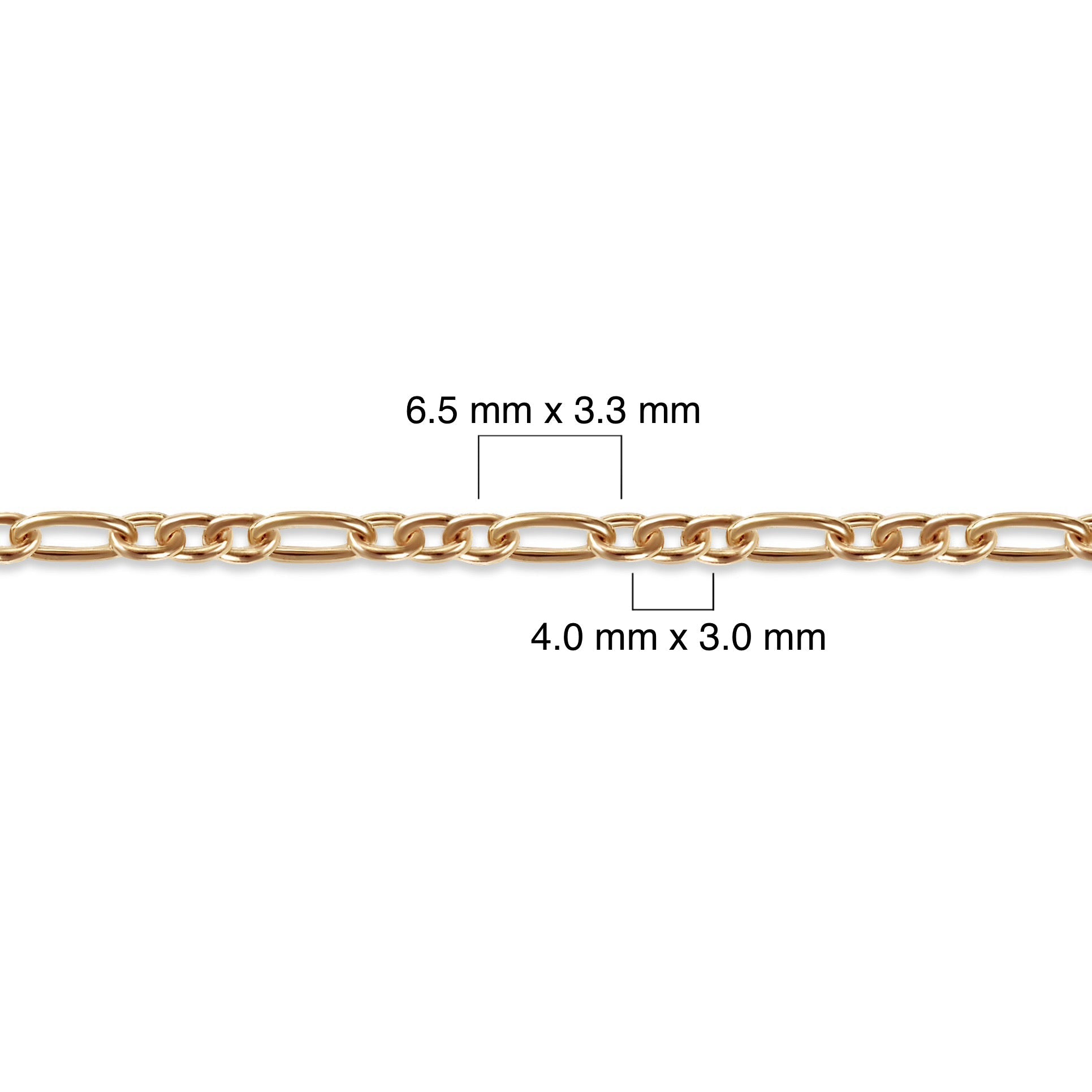 Gold-filled chain with measurements on a white background