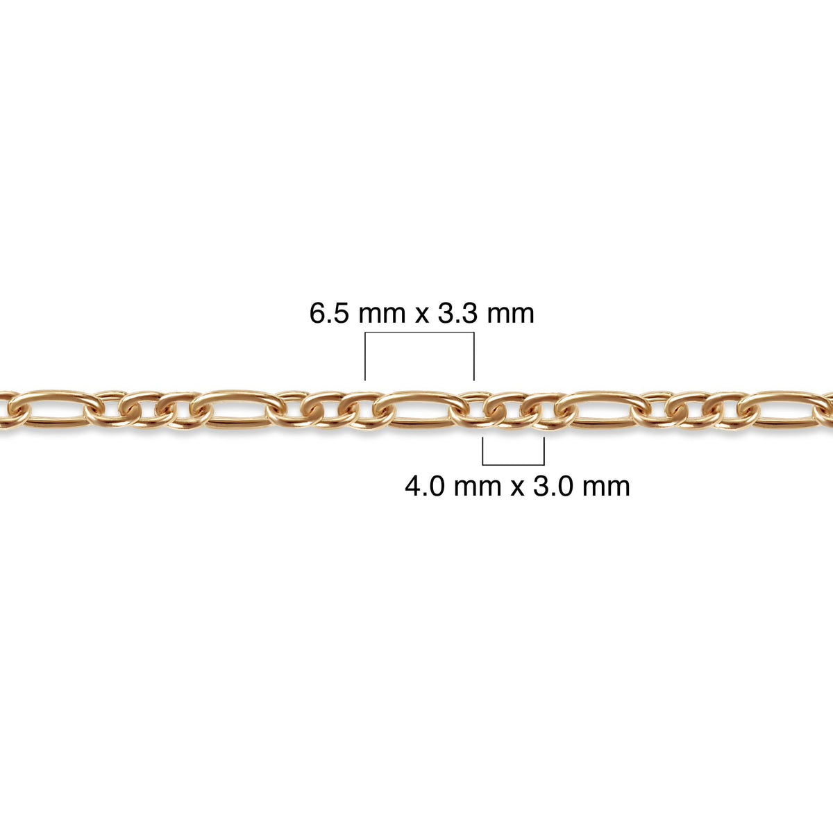 Gold-filled chain with measurements on a white background
