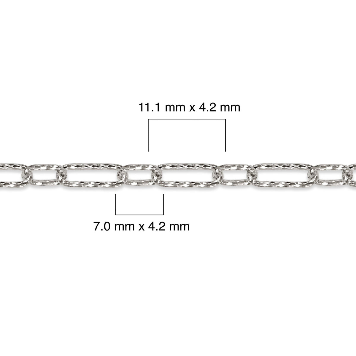 Diamond-cut sterling silver chain with measurements on a white background