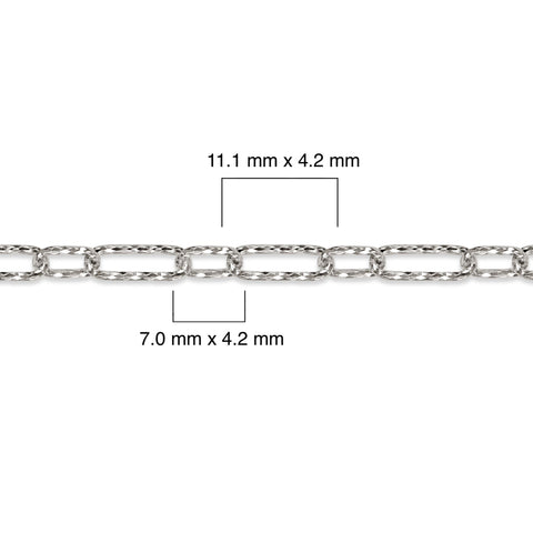 Diamond-cut sterling silver chain with measurements on a white background