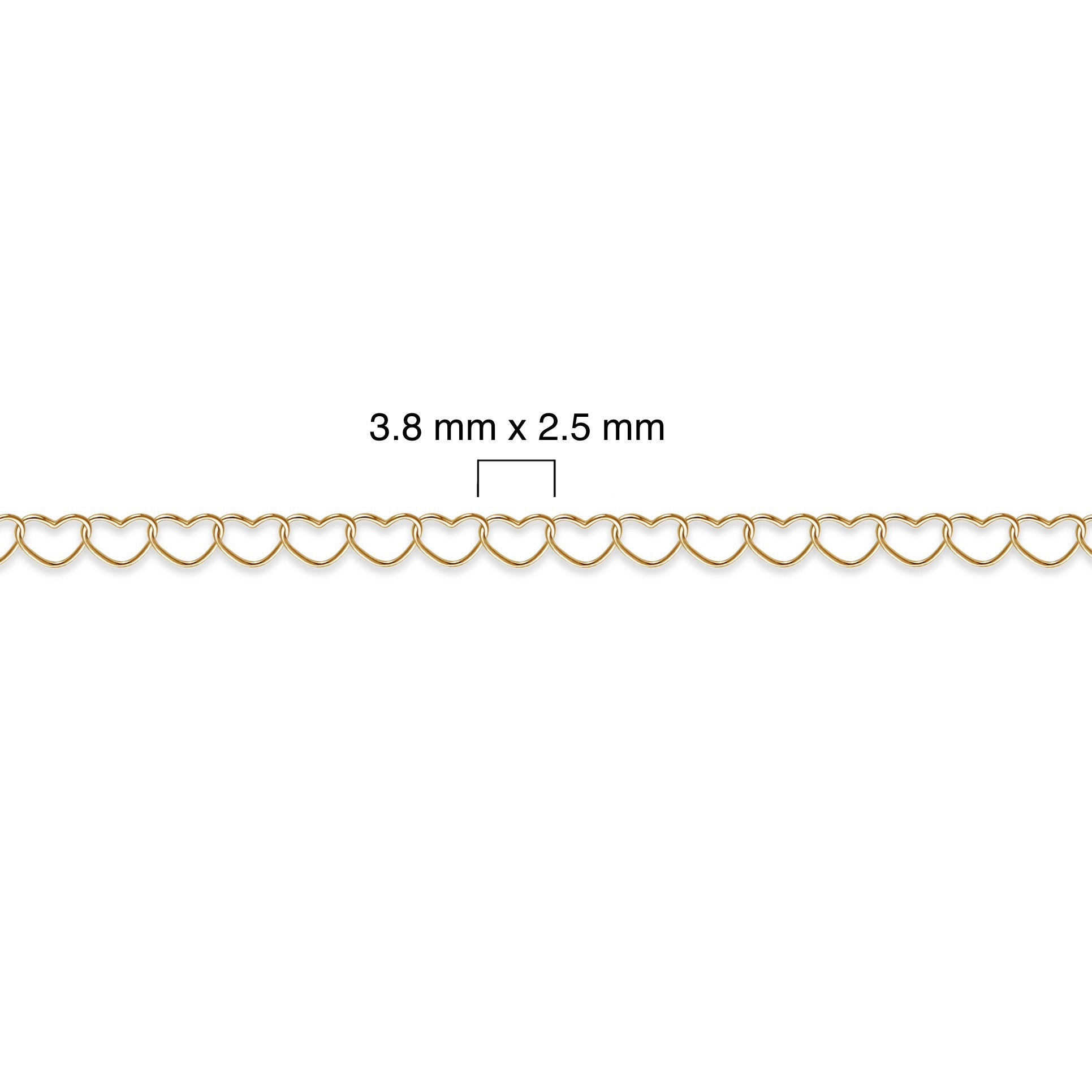 Gold-filled heart chain with measurement details on a white background