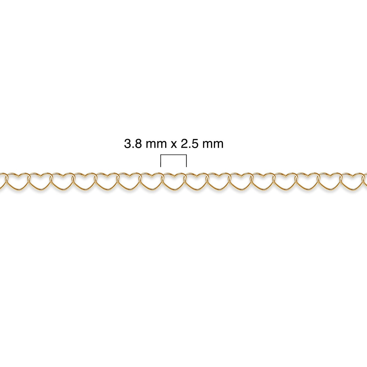 Gold-filled heart chain with measurement details on a white background