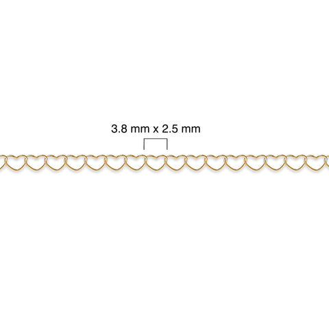 Gold-filled heart chain with measurement details on a white background