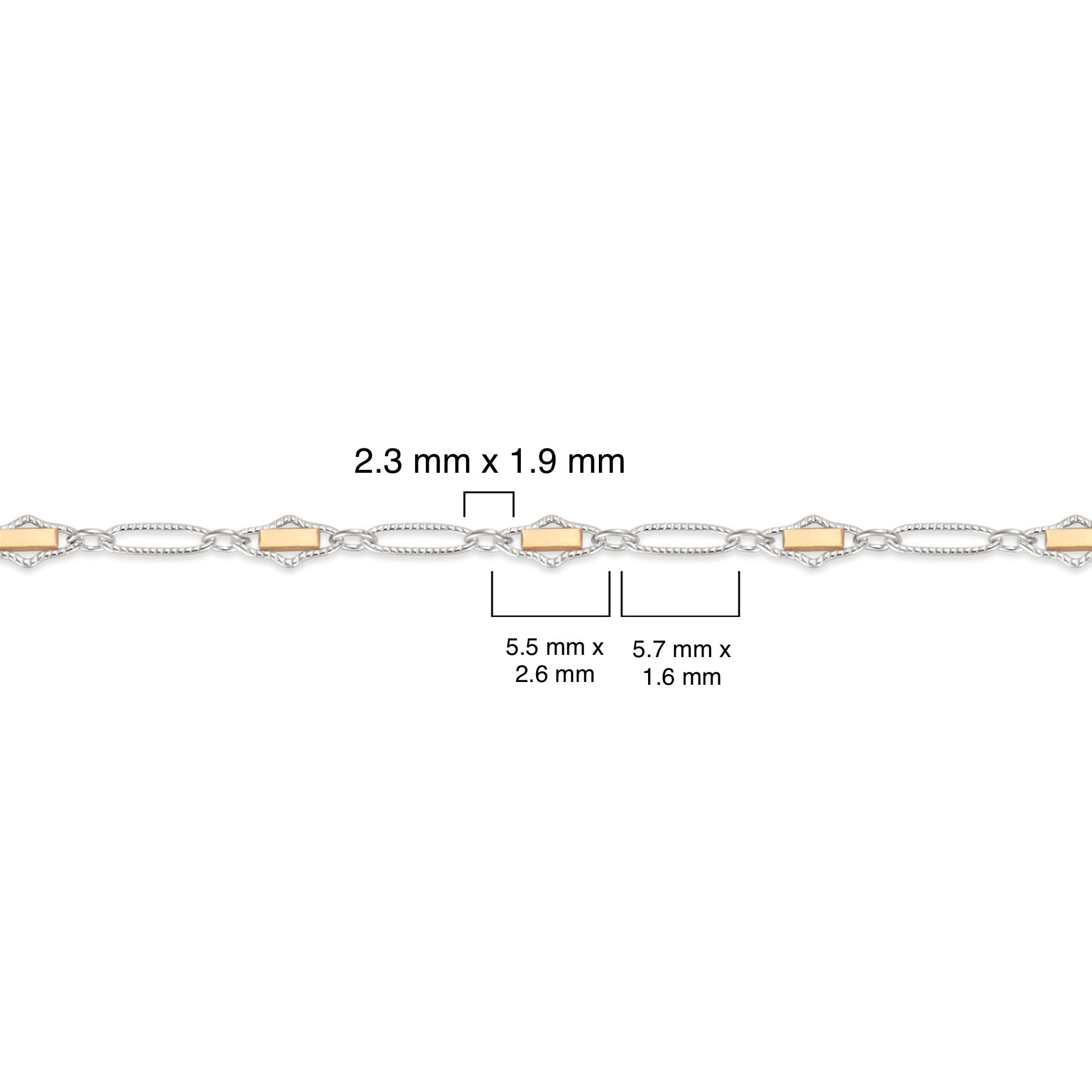 Two-tone, gold-filled and sterling silver chain with measurement details on a white background