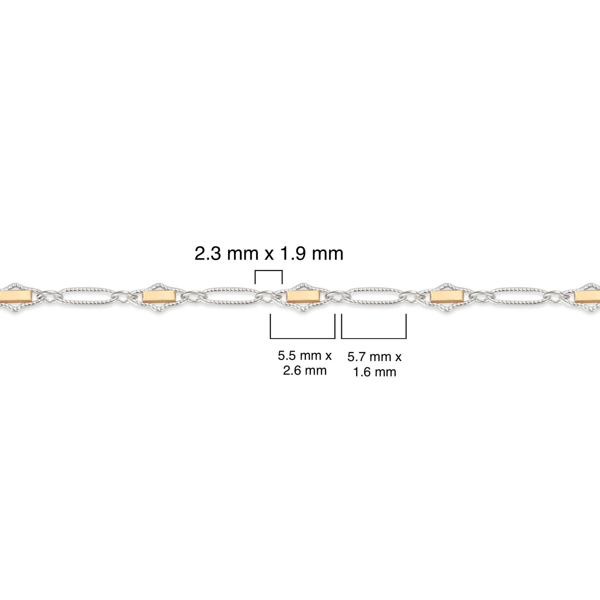 Two-tone, gold-filled and sterling silver chain with measurement details on a white background
