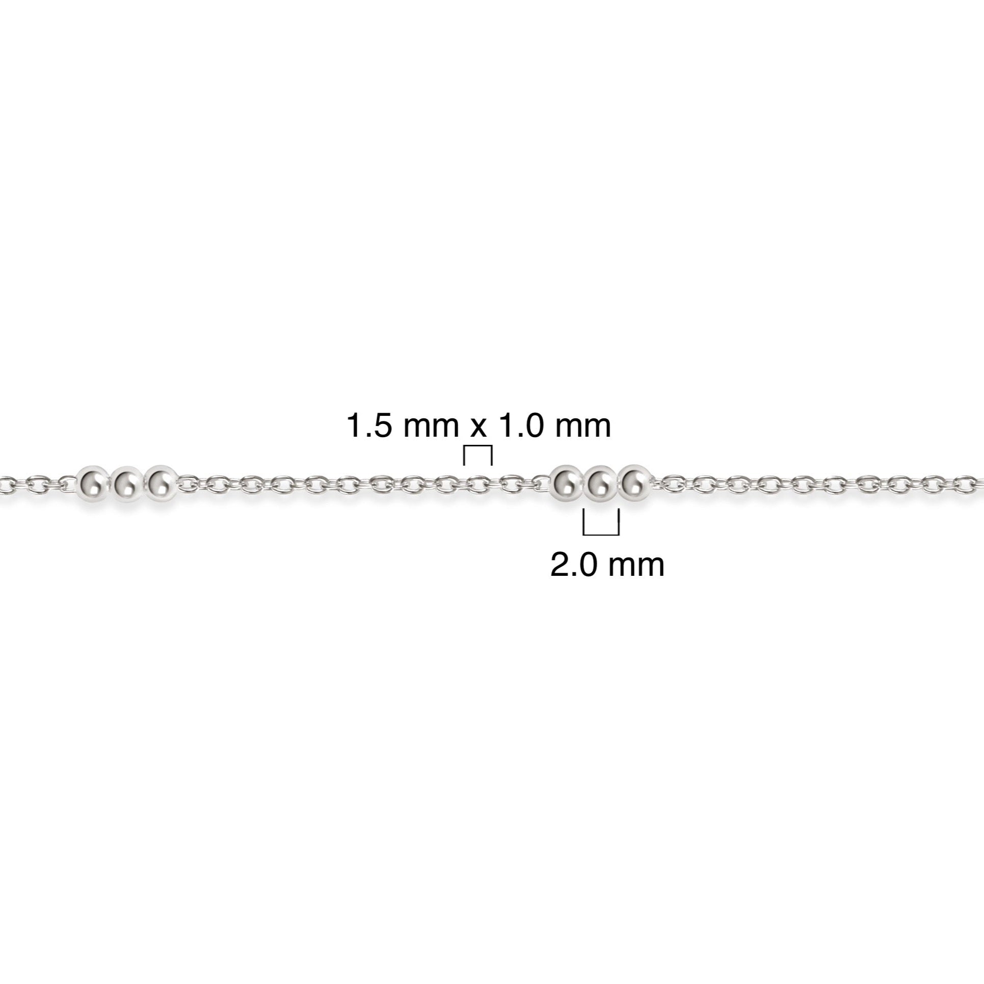 Sterling silver chain with measurement details on a white background