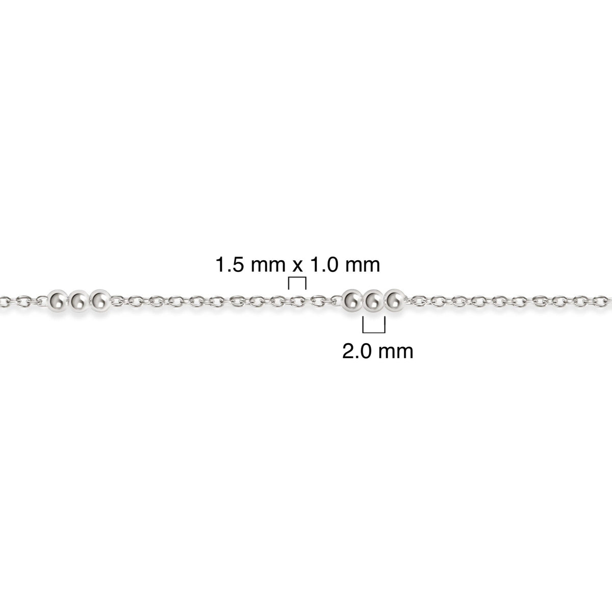 Sterling silver chain with measurement details on a white background
