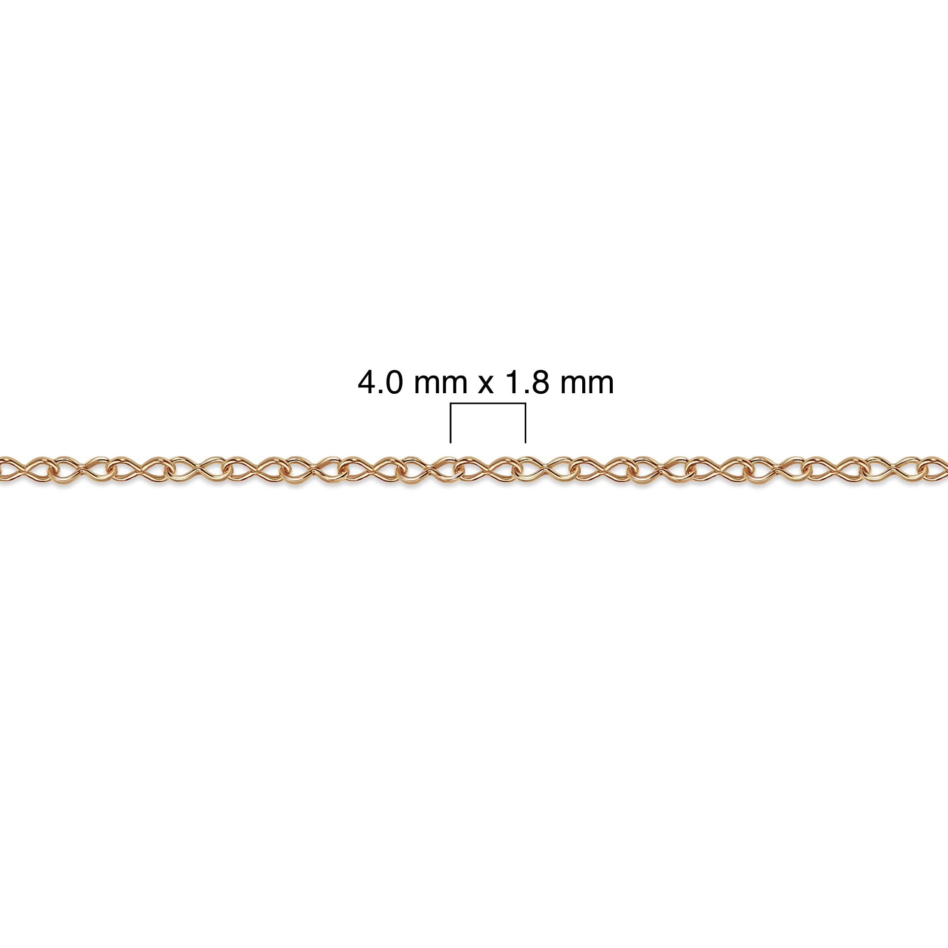 Gold-filled infinity chain with dimensions labeled on a white background