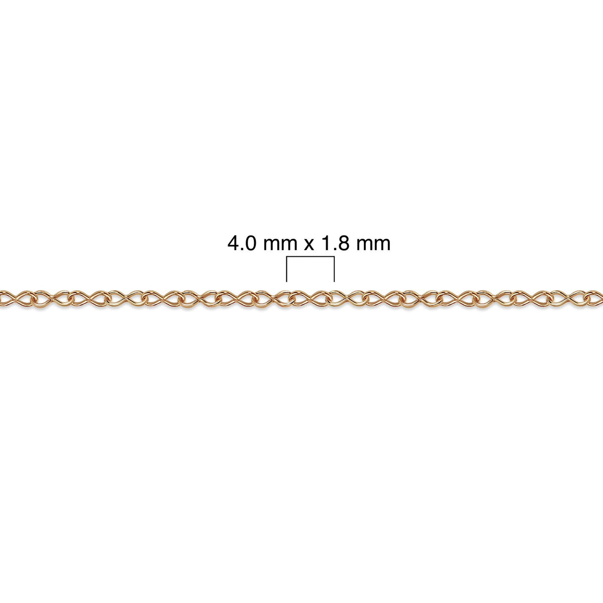 Gold-filled infinity chain with dimensions labeled on a white background