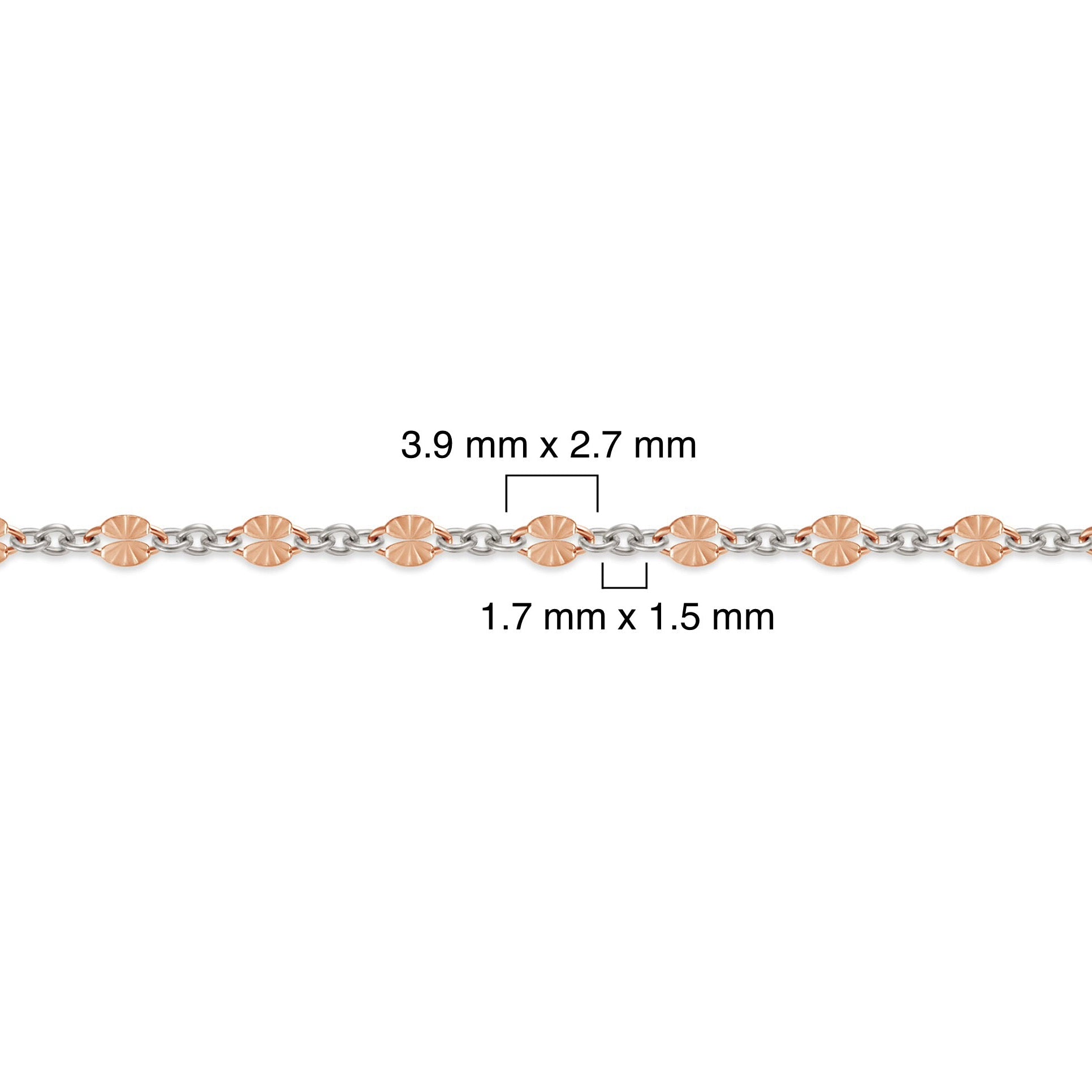 Close-up of a rose gold-filled and sterling silver chain with measurements on a white background