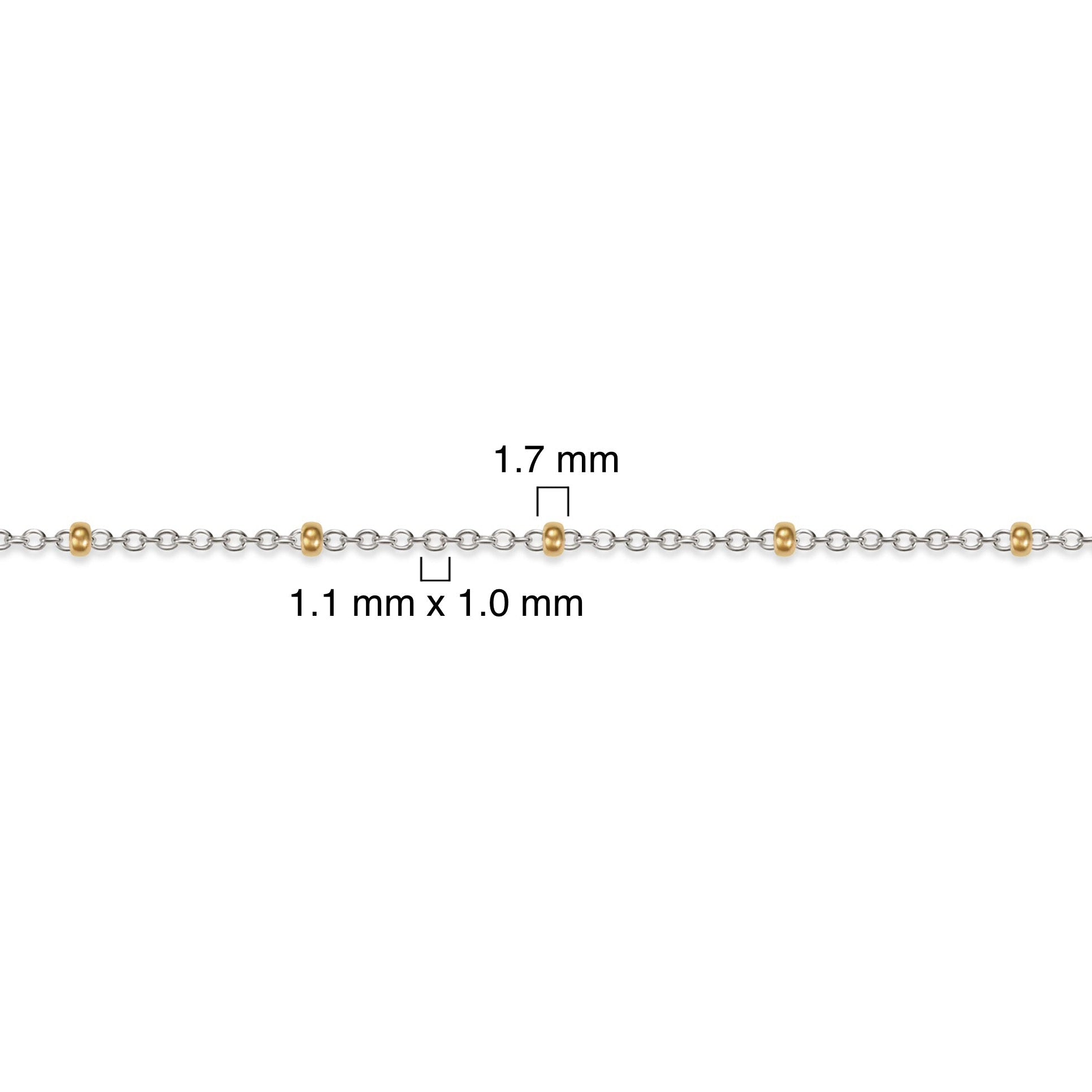 Two-tone, gold-filled and sterling silver chain with measurements on a white background.