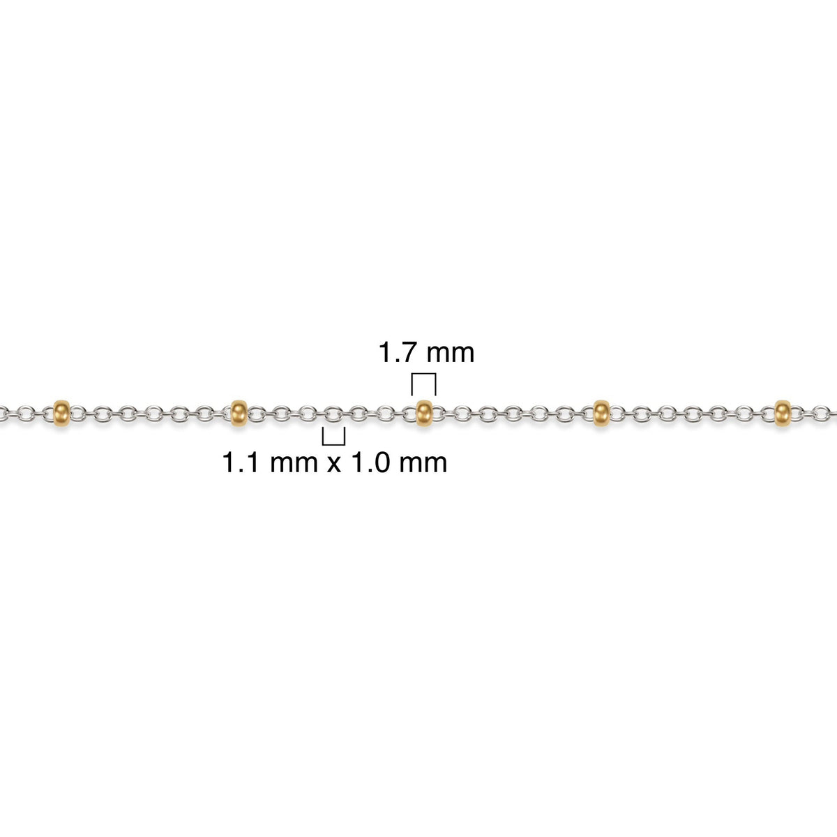 Two-tone, gold-filled and sterling silver chain with measurements on a white background.
