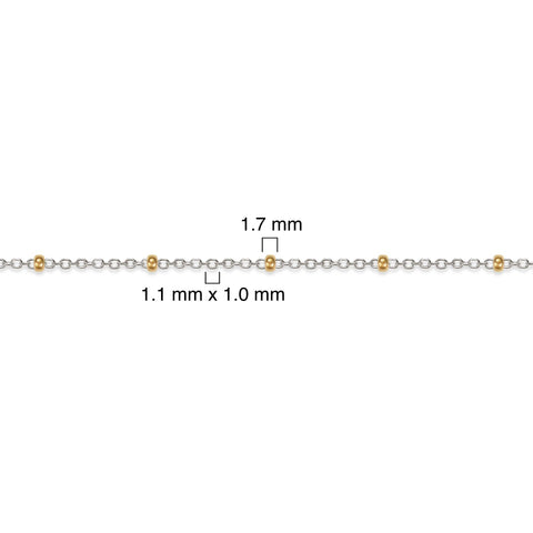 Two-tone, gold-filled and sterling silver chain with measurements on a white background.