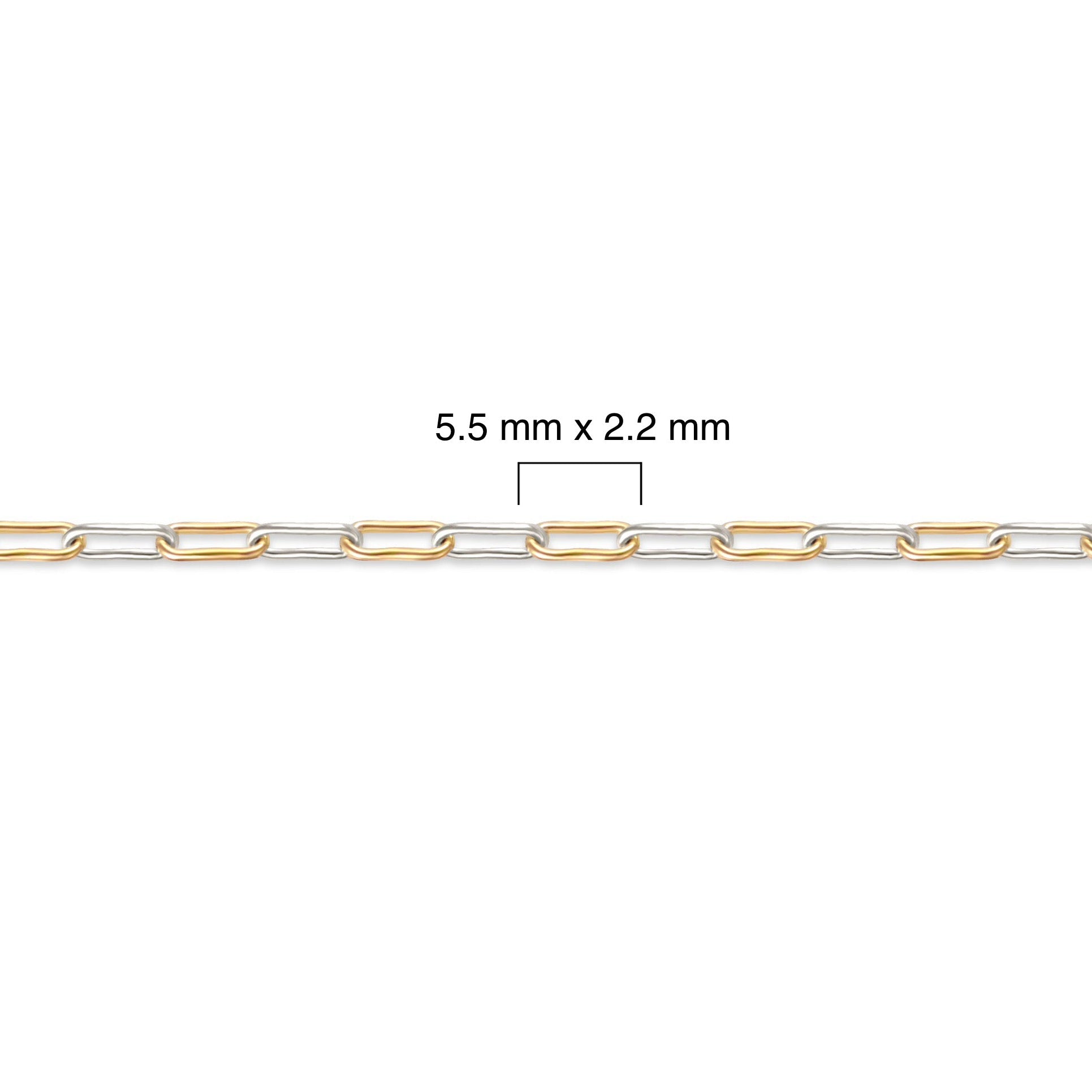 Mixed-metal, gold-filled and sterling silver chain with dimensions labeled on a white background