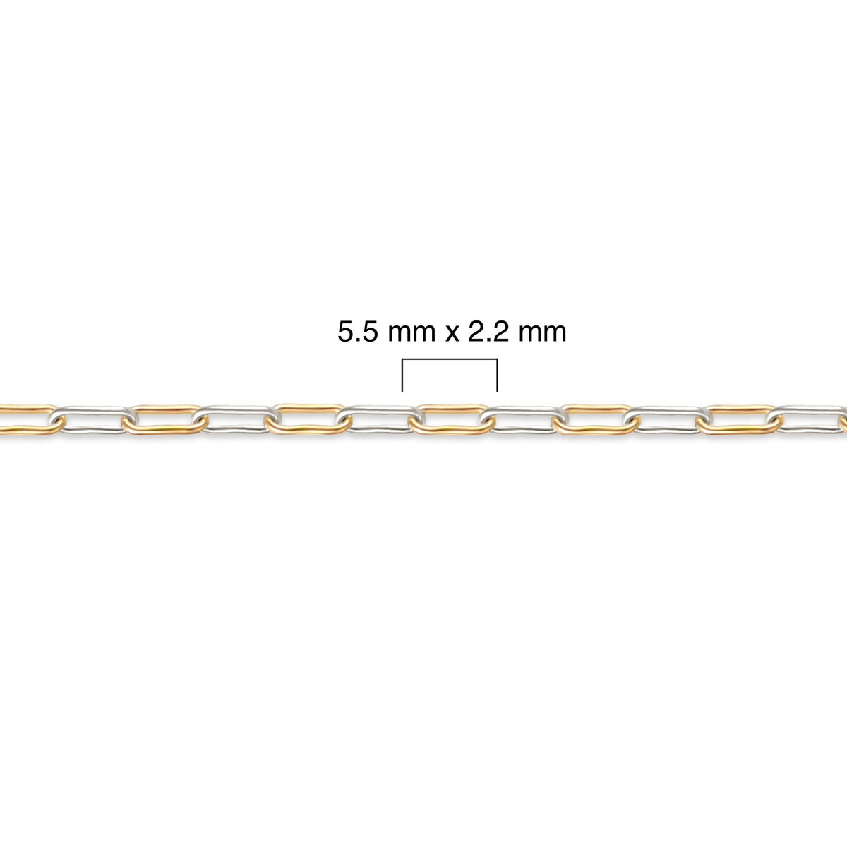 Mixed-metal, gold-filled and sterling silver chain with dimensions labeled on a white background