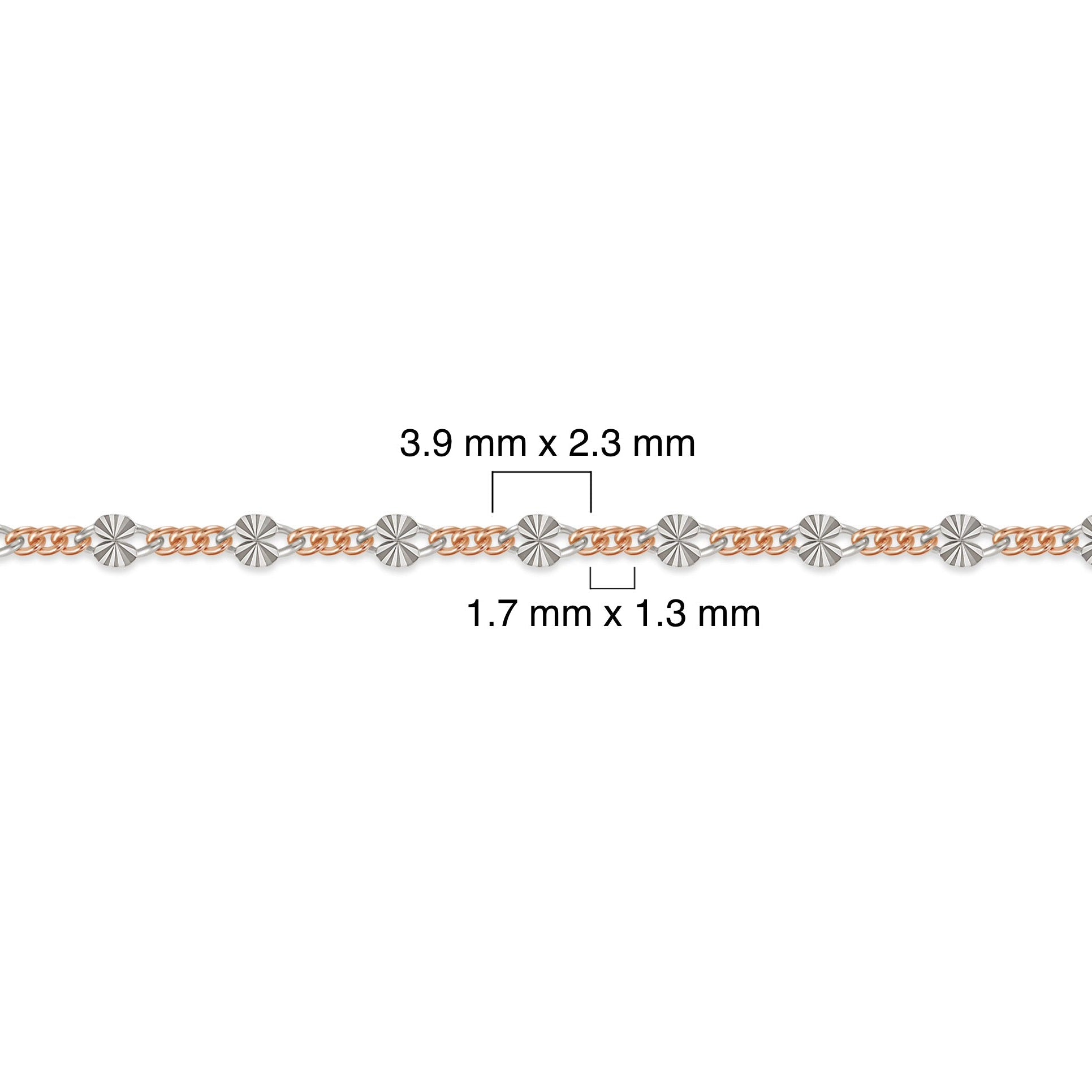 Rose gold-filled and sterling silver chain with measurements on a white background