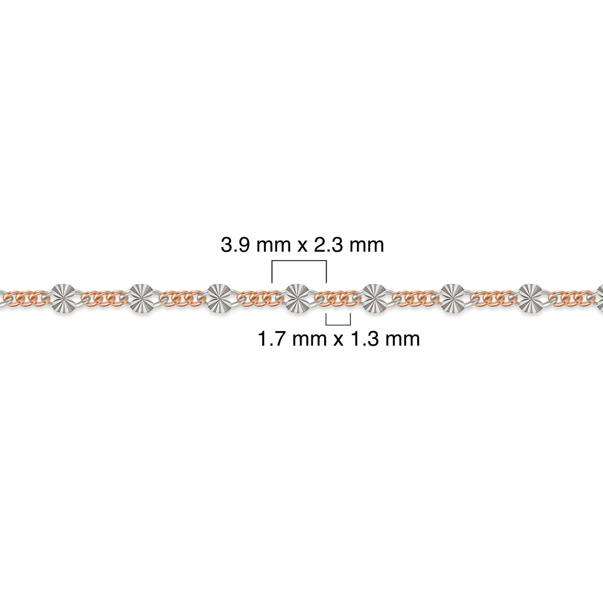 Rose gold-filled and sterling silver chain with measurements on a white background