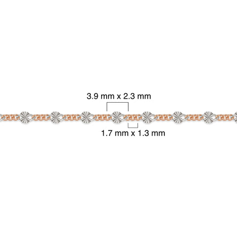 Rose gold-filled and sterling silver chain with measurements on a white background