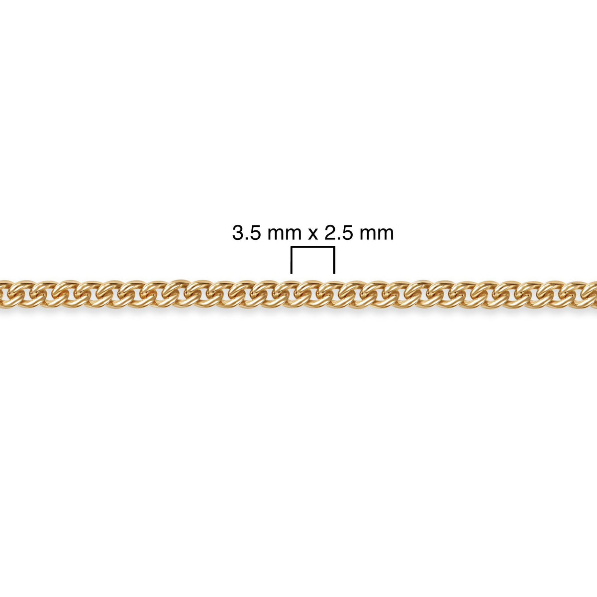 Gold-filled miami cuban chain with dimensions labeled on a white background