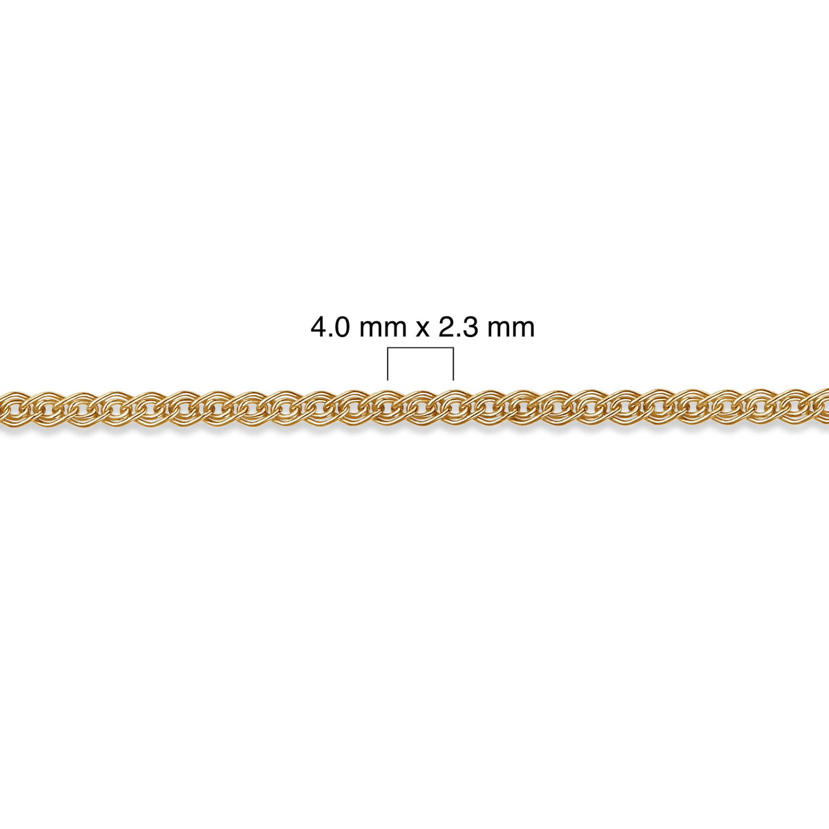 Gold-filled chain with dimensions labeled on a white background