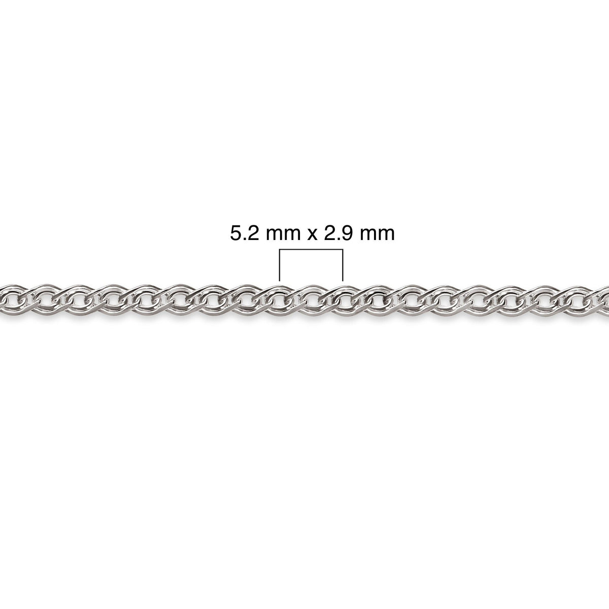 Silver chain with measurement details on a white background