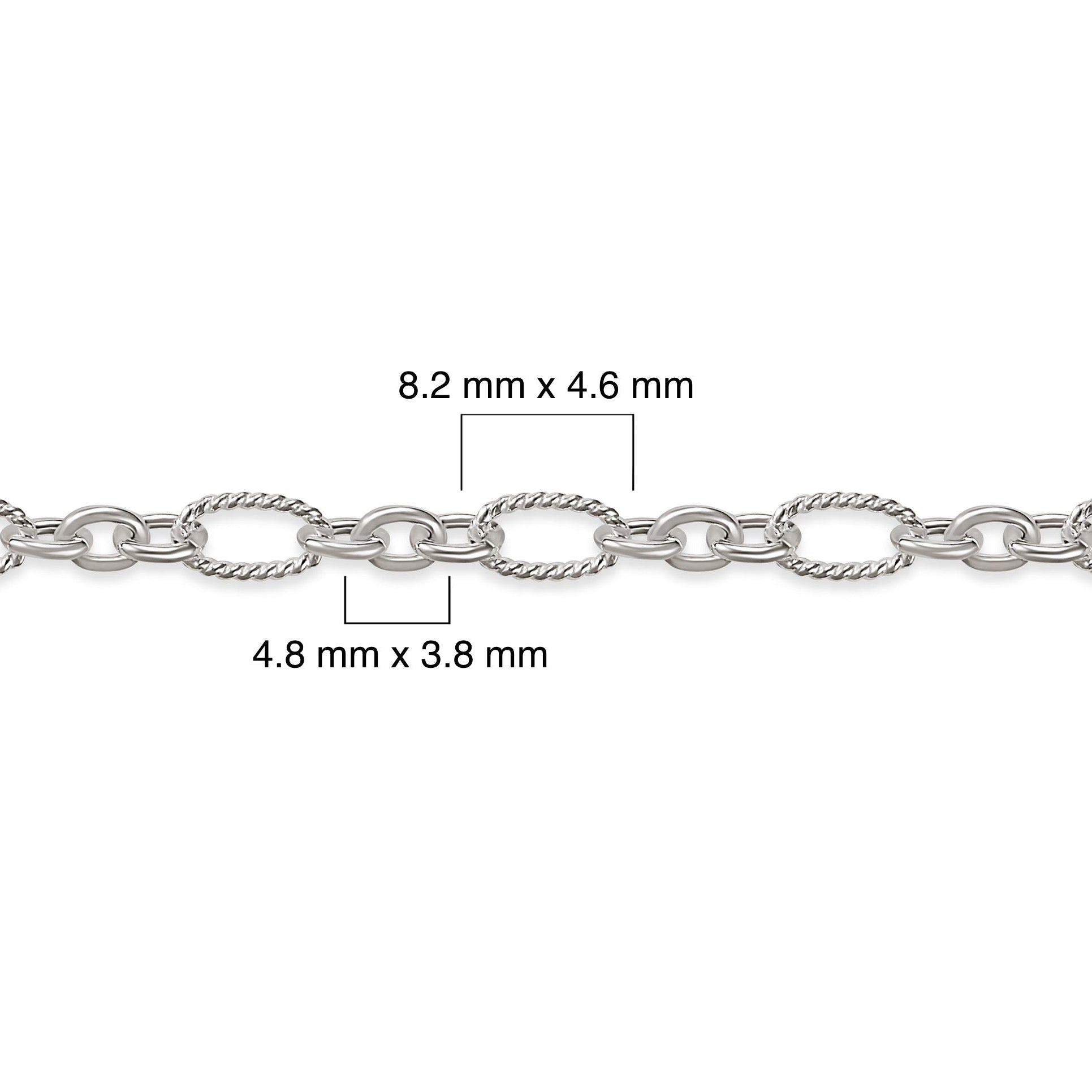 Silver chain with measurements indicated on a white background