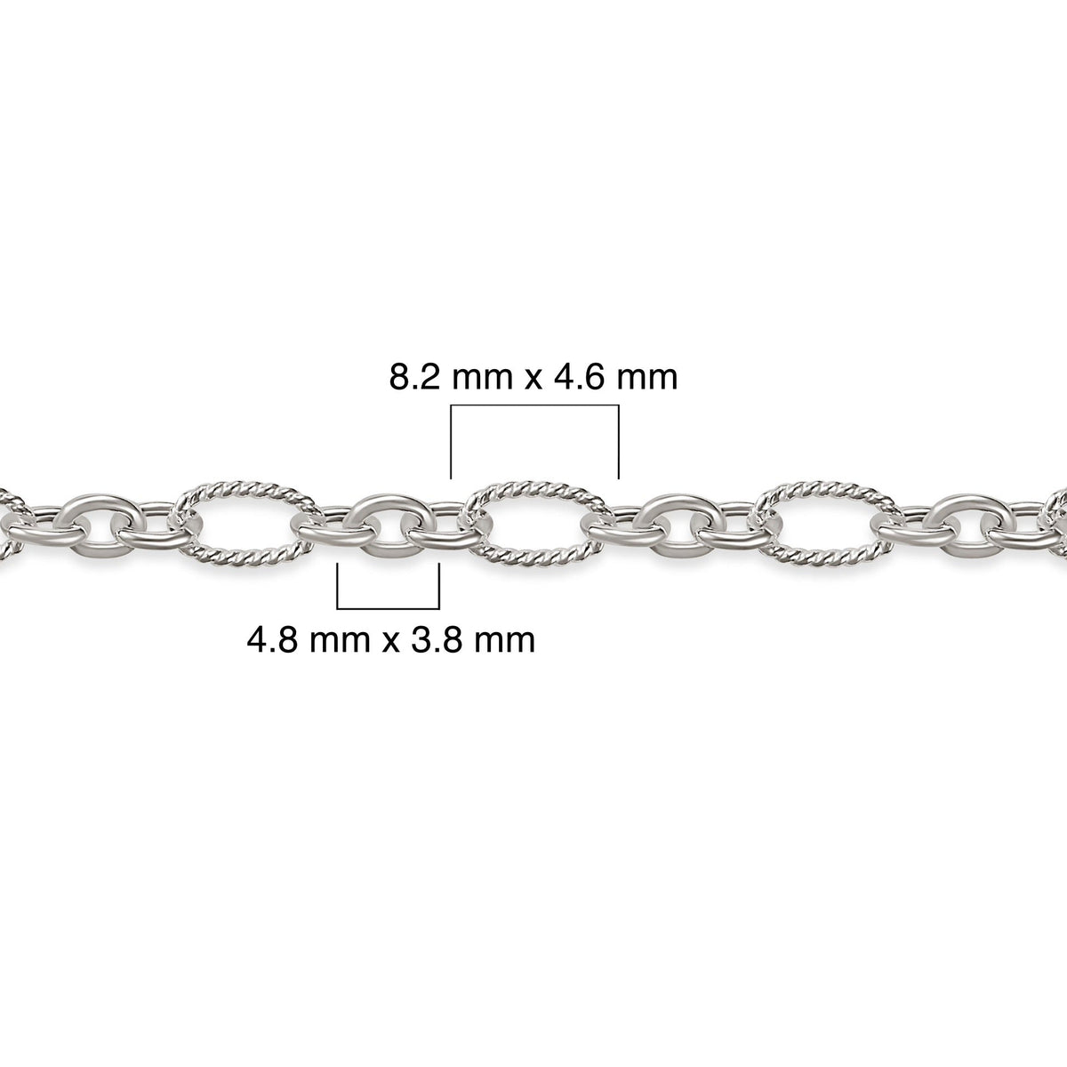 Silver chain with measurements indicated on a white background