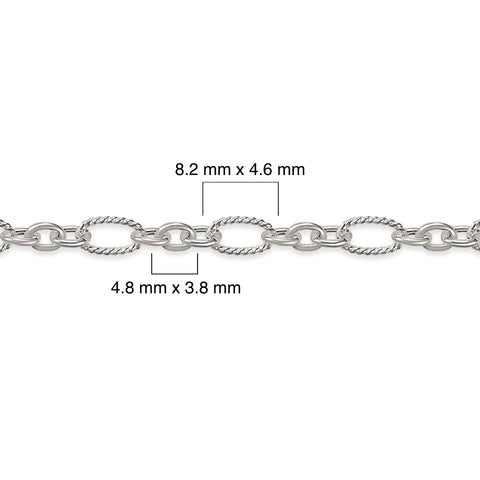 Silver chain with measurements indicated on a white background