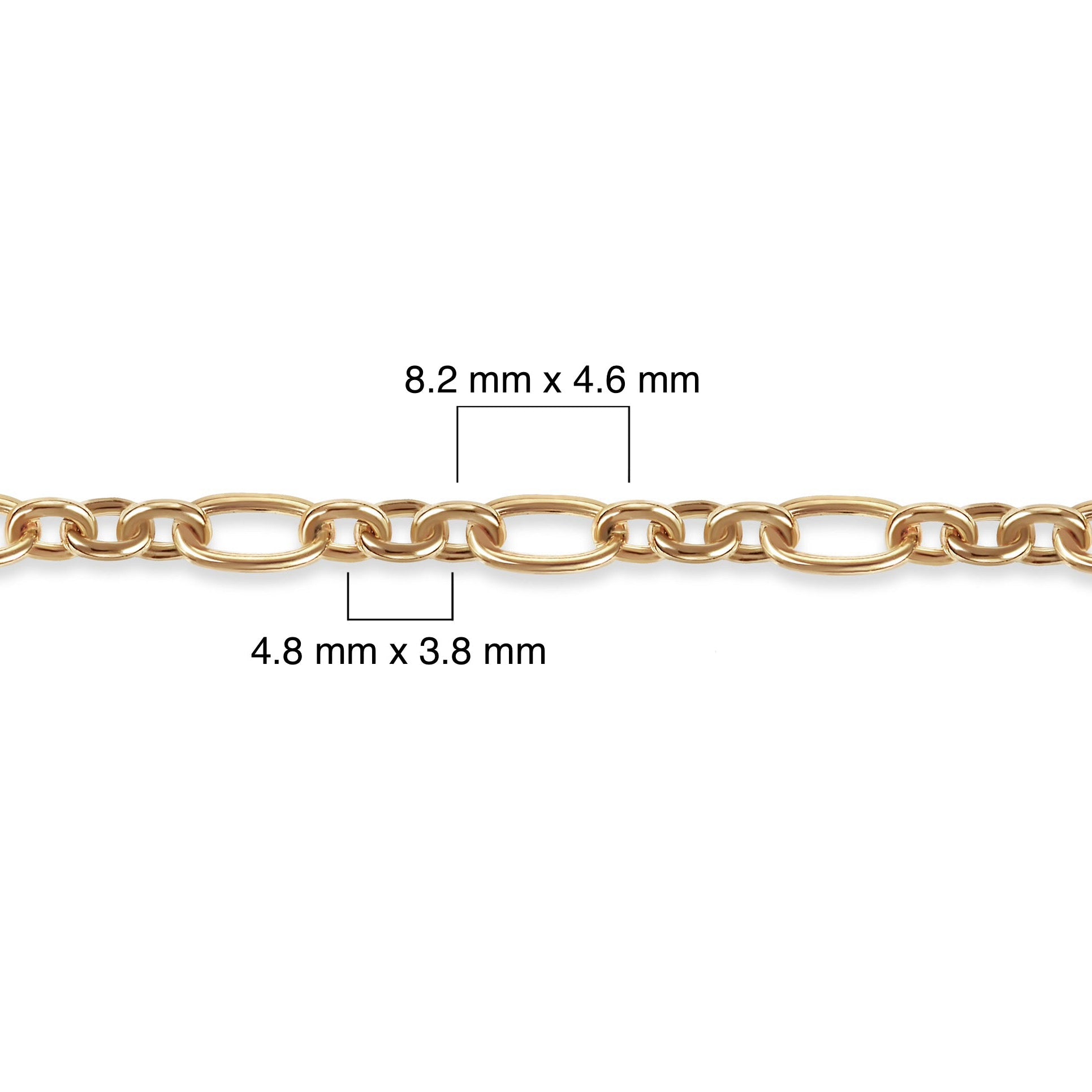 Gold-filled chain with measurements on a white background