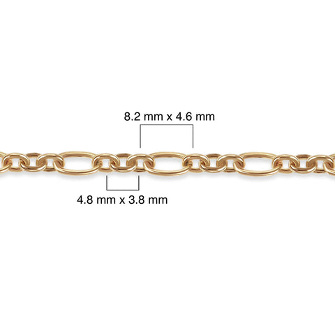 Gold-filled chain with measurements on a white background